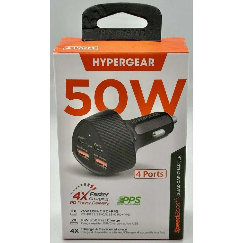 HyperGear SpeedBoost 50W QUAD Dual USB-C PD PPS Dual USB Car Charger Fast Charge